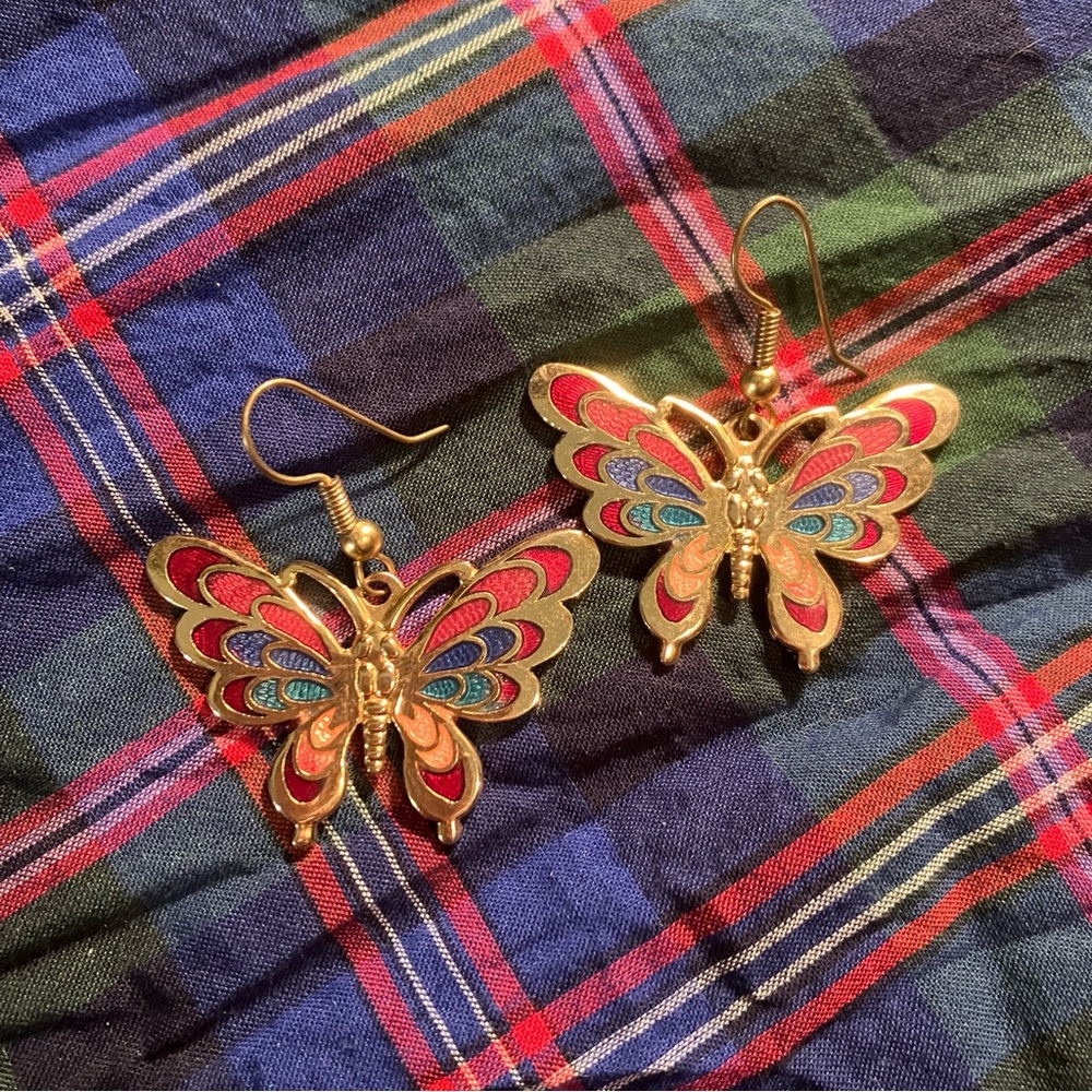 Vintage Gold Tone Cloisonné Butterfly Earrings